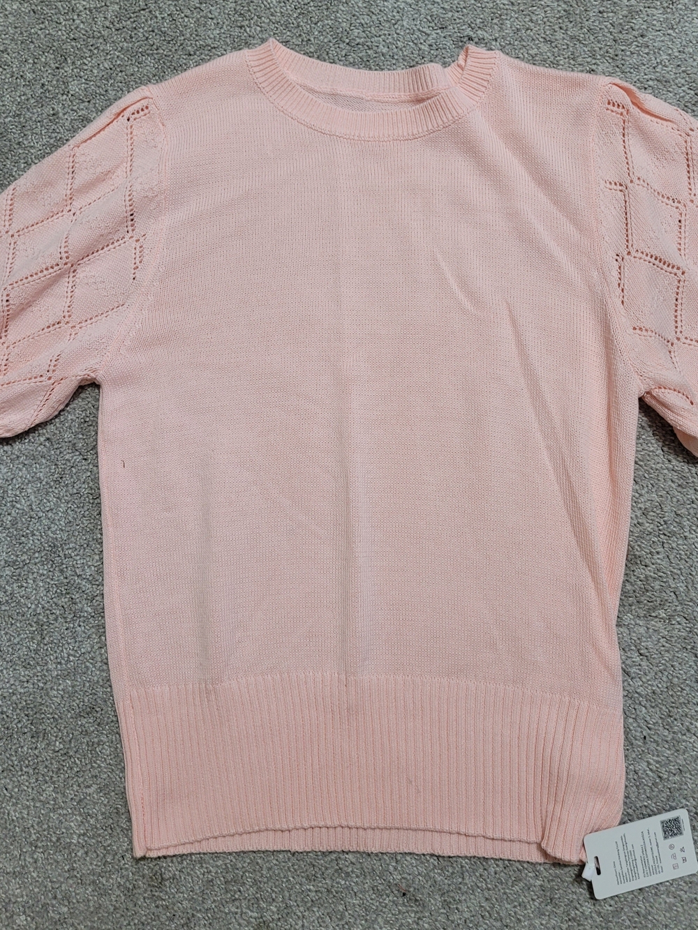 Light Pink Crew Neck Knit Sweater with Lace-Detail Sleeves